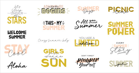 Outdoor leisure activity quotes. Trendy Summer Typographic Lettering. Summer girl. Welcome summer. Vector.  