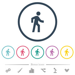 Man walking right flat color icons in round outlines