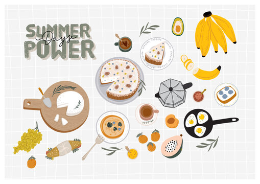 Summer picnic: fruits, berries, cake, hotdog, sandwich, bbq grill, coffee, ice cream, pie. Top view. Icon set flat design of picnic items. For banners, posters, promotion, presentation templates