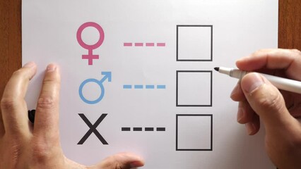 A person is determined by his gender. Sheet of paper with gender symbols. The right to one's identity. - Powered by Adobe
