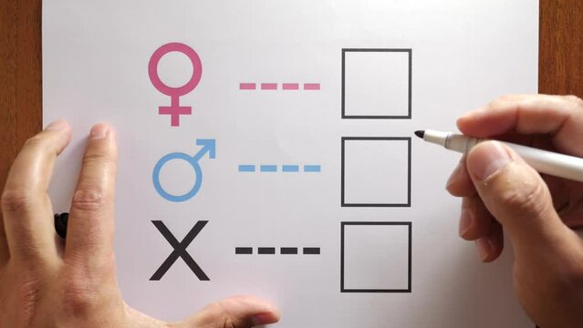 A person is determined by his gender. Sheet of paper with gender symbols. The right to one's identity.