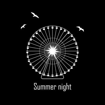 Summer illustration with white silhouettes of ferries wheel and seagulls on the black background