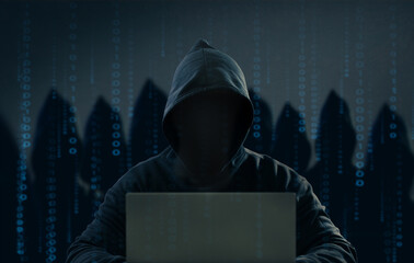 Dangerous anonymous hackers are using laptops for identity theft, internet, cybercrime. Cyber...