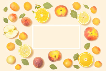 Creative summer mockup with bright tropical fruits and frame