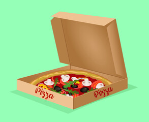Realistic vegetarian pizza in box Italian food delivery drawing in flat style vector