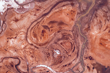Beautiful lifeless landscape mountains Altai Republic Russia, texture of red sandstone in Mars valley, aerial top view