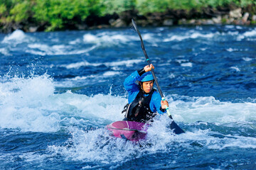 Whitewater kayaking banner, extreme sport rafting. Young woman in kayak sails mountain river