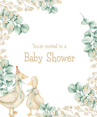 Watercolor illustration baby shower invitation with eucalyptus frame, goose. Isolated on white background. Hand drawn clipart. Perfect for card, postcard, tags, invitation, printing, wrapping.