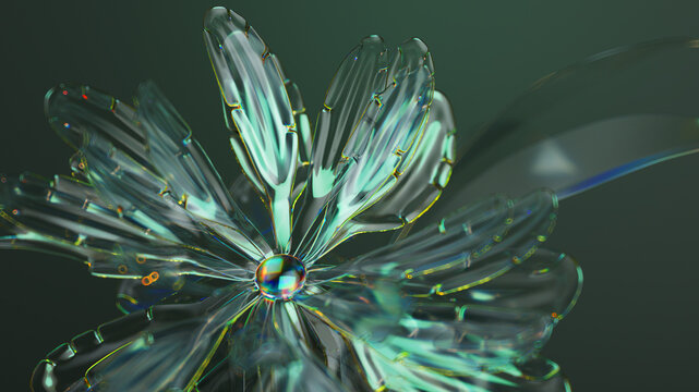 Green Glass Flower on Dark Background, 3D illustration.
