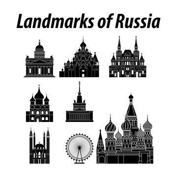 Bundle of Russia famous landmarks by silhouette style,vector illustration