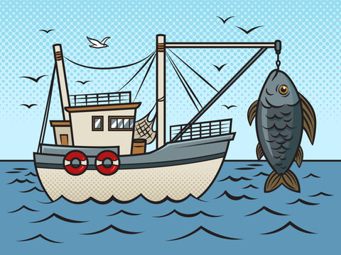 Fishing boat with huge fish pop art retro vector illustration. Comic book style imitation.