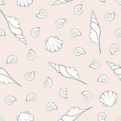 Seashells vector seamless pattern. Hand drawn vector elements on pastel background. Best for textile, wallpapers, home decoration, wrapping paper, package and web design.