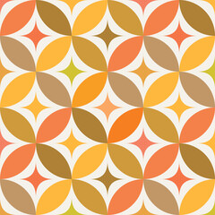 Mid century modern atomic starbursts on circle leaf seamless pattern in orange, brown and amber .For home décor, wallpaper and textile  
