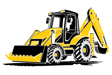 Construction equipment illustration. Backhoe loader, tractor. Icon style, flat two colors illustrations.