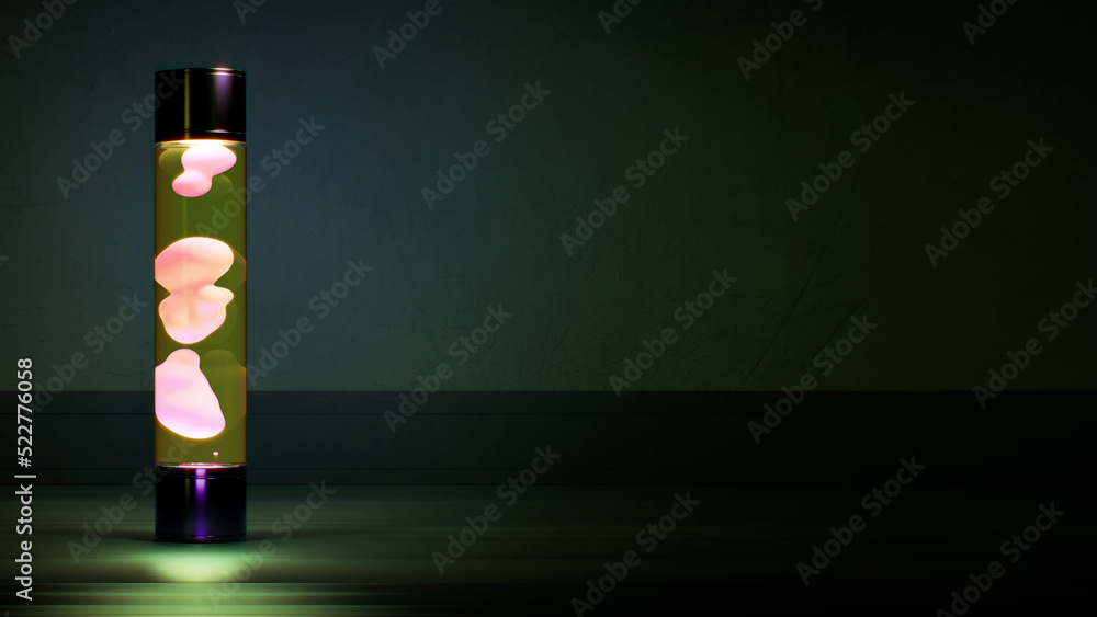 Poster green and pink lava lamp on left on dark background with empty place - abstract 3d rendering