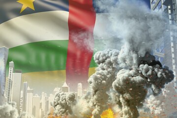 huge smoke column with fire in the modern city - concept of industrial accident or act of terror on Central African Republic flag background, industrial 3D illustration