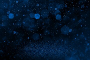blue nice sparkling glitter lights defocused bokeh abstract background and falling snow flakes fly, festive mockup texture with blank space for your content