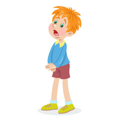 Funny red-haired boy sings. In cartoon style. Isolated on white background. Vector flat illustration.