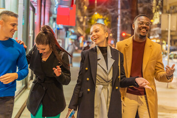 Laughing and talking while walking all together outside