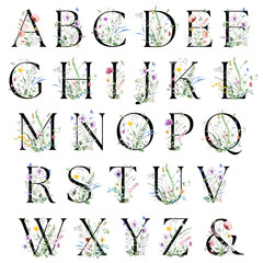 Black capital alphabet letters with watercolor wildflowers and leaves bouquet isolated