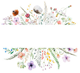 Frame made of watercolor wildflowers and leaves, wedding and greeting illustration - obrazy, fototapety, plakaty