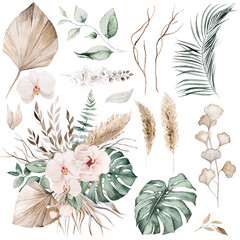 Wedding boho Watercolor bouquet with tropical leaves and flowers illustration and single elements © katrinshine