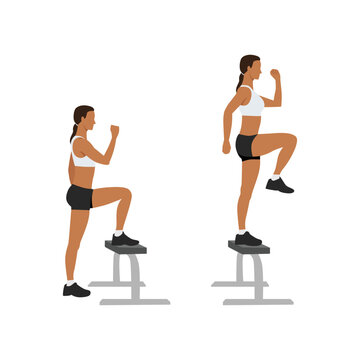 Woman doing Step up with knee raises exercise. Flat vector illustration isolated on white background
