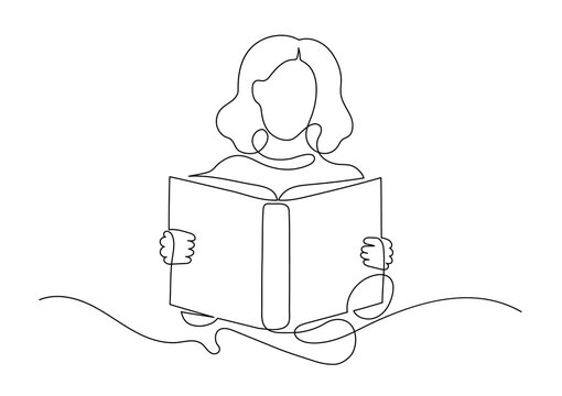 recommend clip art: Woman reading book. Continuous line drawing. Girl holding book.