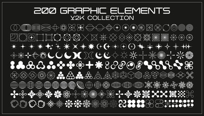 Retro futuristic elements for design. Collection of abstract graphic geometric symbols and objects in y2k style. Templates for pomters, banners, stickers, business cards