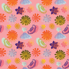 Fototapeta na wymiar teenage seamless 70s retro floral pattern hippie