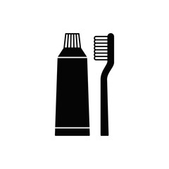 brush and toothpaste icon in black flat glyph, filled style isolated on white background