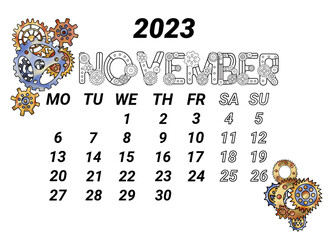 Calendar page for November 2023, decorated with watercolor gears in steampunk style