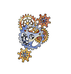 The clockwork made of colored gears in steampunk style is hand-drawn and isolated on a white background