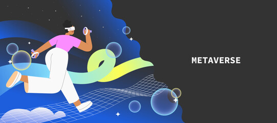 Metaverse entertainment. Flat vector illustration with woman wearing virtual reality glasses and VR headsets, interacting and creating a virtual world. Concept of future innovations.	