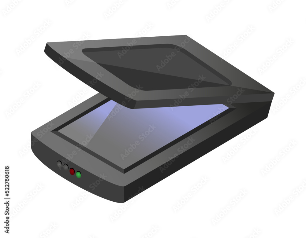 Poster vector isometric icon or illustration of open document a3 or a4 flat bed or flatbed scanner that sca