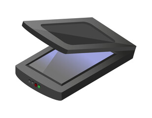 Vector isometric icon or illustration of open document A3 or A4 flat bed or flatbed scanner that scans images and documents. A computer peripheral isolated on a white background. Print office scanner.