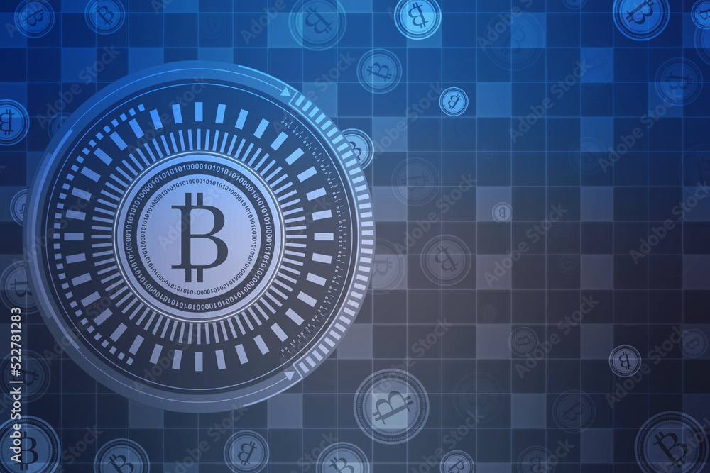 Poster global abstract bitcoin crypto currency blockchain technology world map background illustration