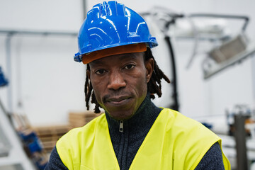 Portrait of african man working inside robotic factory