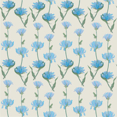 Chicory watercolor plant blue flowers seamless pattern nature botanical illustration for web, for print, for t-shirt print, fashion