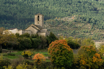 Fototapeta premium iglesia parroquial, Santa María de la Nuez , municipio de Bárcabo,Sobrarbe, Provincia de Huesca, Comunidad Autónoma de Aragón, cordillera de los Pirineos, Spain, europe