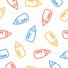  Seamless pattern with colorful hand drawn baby bottles.