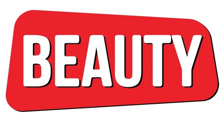 BEAUTY text on red trapeze stamp sign.