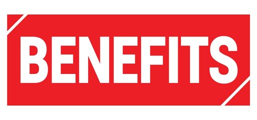 BENEFITS text written on red stamp sign.