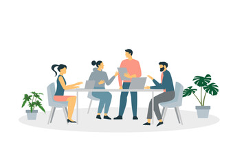 Teamwork of people sitting at the desks with laptops, working together, discussing start-up. Meeting of colleagues.Teamwork concept. Colored flat vector illustration isolated on white background.