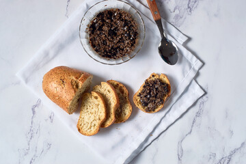 Homemade crostini with traditional tapenade