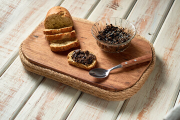 Homemade crostini with traditional tapenade