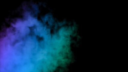 Abstract modern background with blue smoke illuminated by multicolored neon light, mystic steam...
