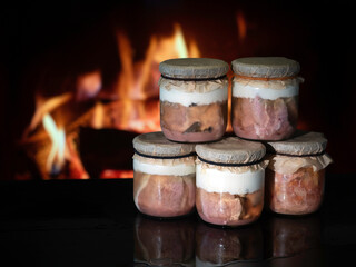 Homemade canned meat in five glass jars with parchment cover on a black surface in the background of a fireplace fire