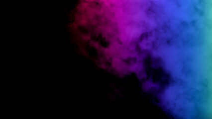 Abstract glowing background with bright colorful smoke illuminated by multicolored neon light, mystic steam, design template, smoky pattern.