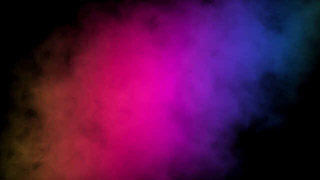 Abstract glowing background with colorful smoke illuminated by multicolored neon light, mystic steam, design template, smoky pattern.